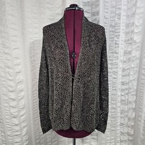 Eileen Fisher Cotton Linen Blend Open-Front Metallic Open Knit Cardigan Pin Clip
